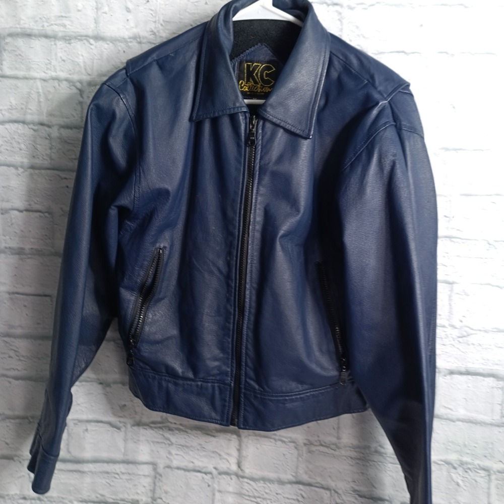 KC Collections Womens Navy Blue Genuine Leather Bomber Jacket Size Medium Zip Up